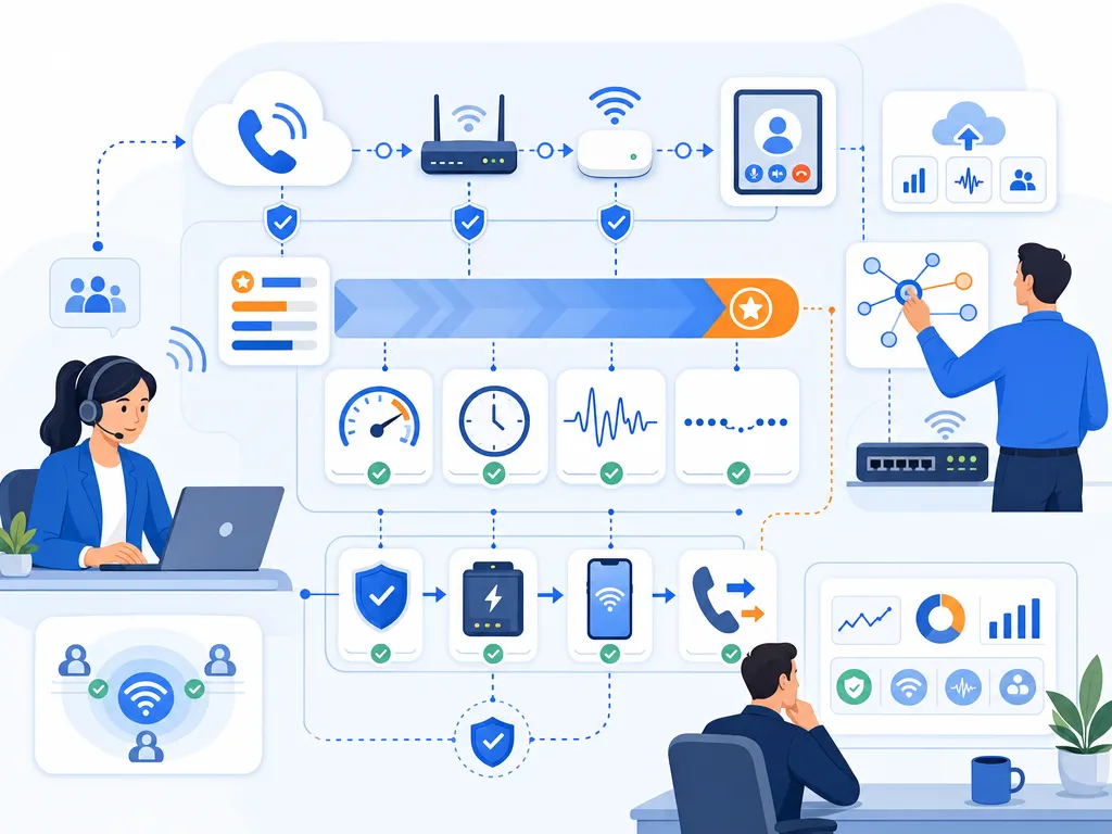 VoIP call quality and network readiness show sales communication software in use by a revenue team illustration