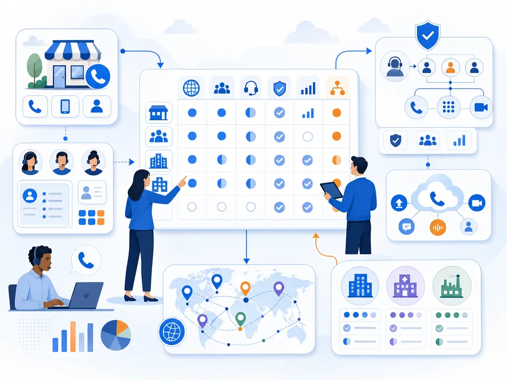 VoIP trends by region and industry show an unlabeled evaluation checklist or decision matrix using icons and simple shapes only illustration