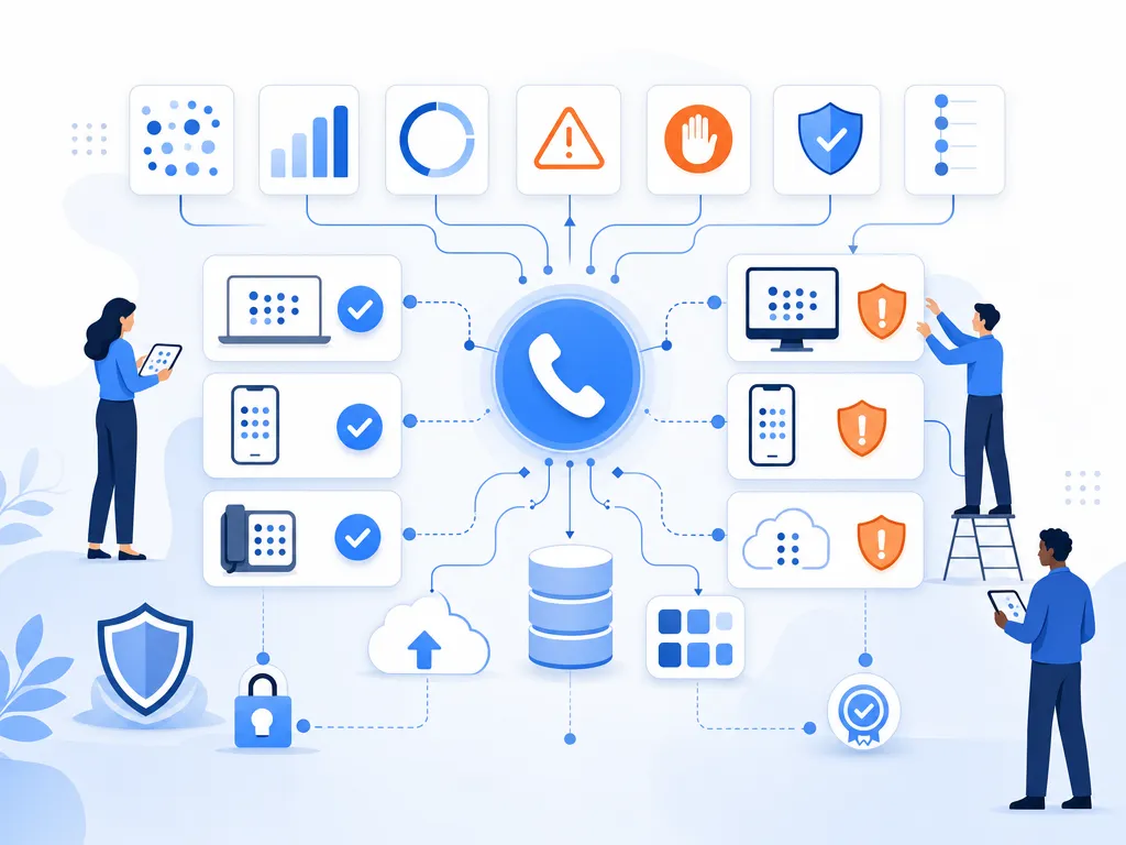 How caller ID reputation is scored show abstract operating metrics using simple geometric charts and icons only; no dashboard UI, labels, ca