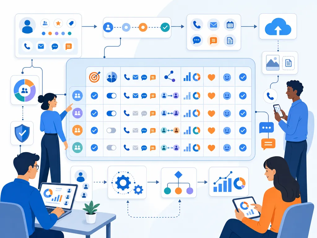 What are customer engagement strategies show an unlabeled evaluation checklist or decision matrix using icons and simple shapes only illustr
