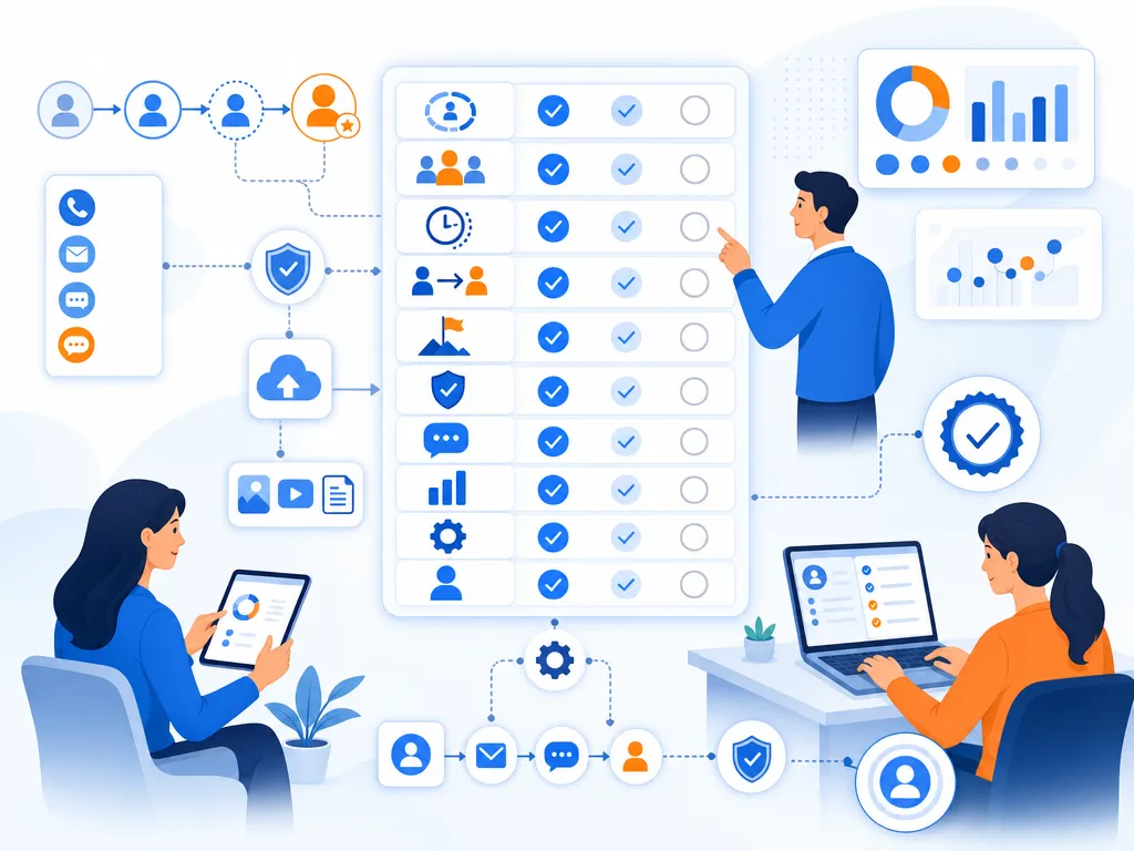 Customer engagement strategy checklist show an unlabeled evaluation checklist or decision matrix using icons and simple shapes only illustra