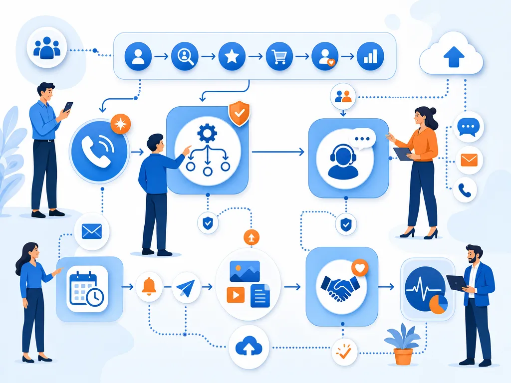 Customer engagement strategy takeaways show an abstract icon-only automation flow with arrows, gears, shields, cloud/upload symbols, and peo