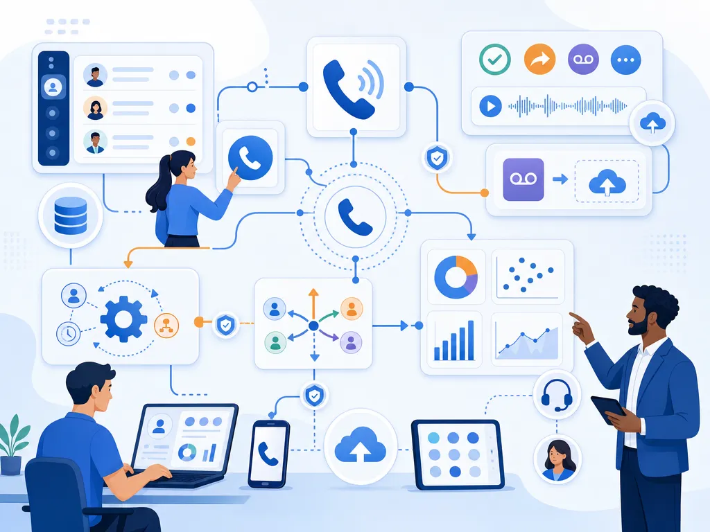 What is a Salesforce dialer tool show an abstract icon-only automation flow with arrows, gears, shields, cloud/upload symbols, and people; n