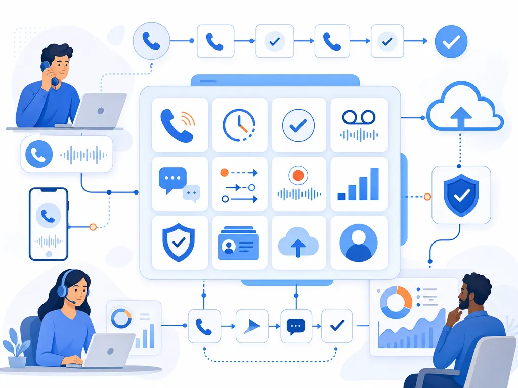 Salesforce dialer features to look for show an unlabeled evaluation checklist or decision matrix using icons and simple shapes only illustra