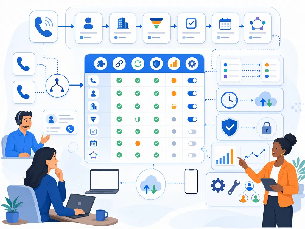 How to evaluate Salesforce dialer integration show an unlabeled evaluation checklist or decision matrix using icons and simple shapes only i