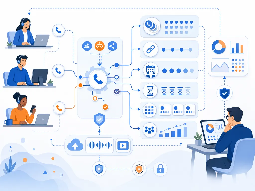 Sales dialer pilot metrics to track show an abstract icon-only automation flow with arrows, gears, shields, cloud/upload symbols, and people