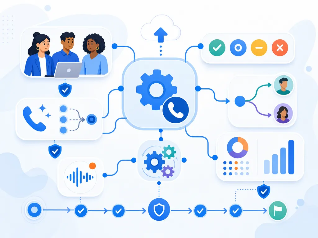 Salesforce dialer rollout tips for admins show an abstract icon-only automation flow with arrows, gears, shields, cloud/upload symbols, and