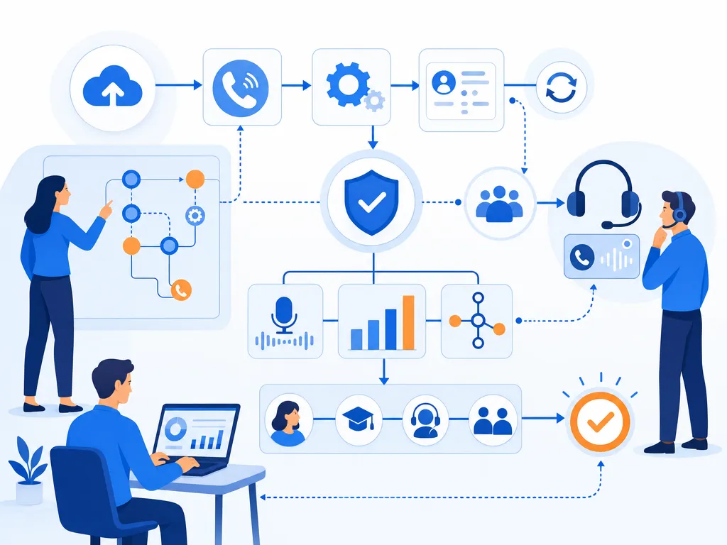 Final takeaways for choosing a Salesforce dialer show an abstract icon-only automation flow with arrows, gears, shields, cloud/upload symbol