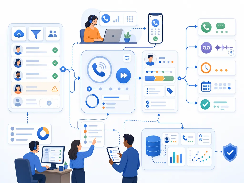 How a power dialer works show an unlabeled evaluation checklist or decision matrix using icons and simple shapes only illustration
