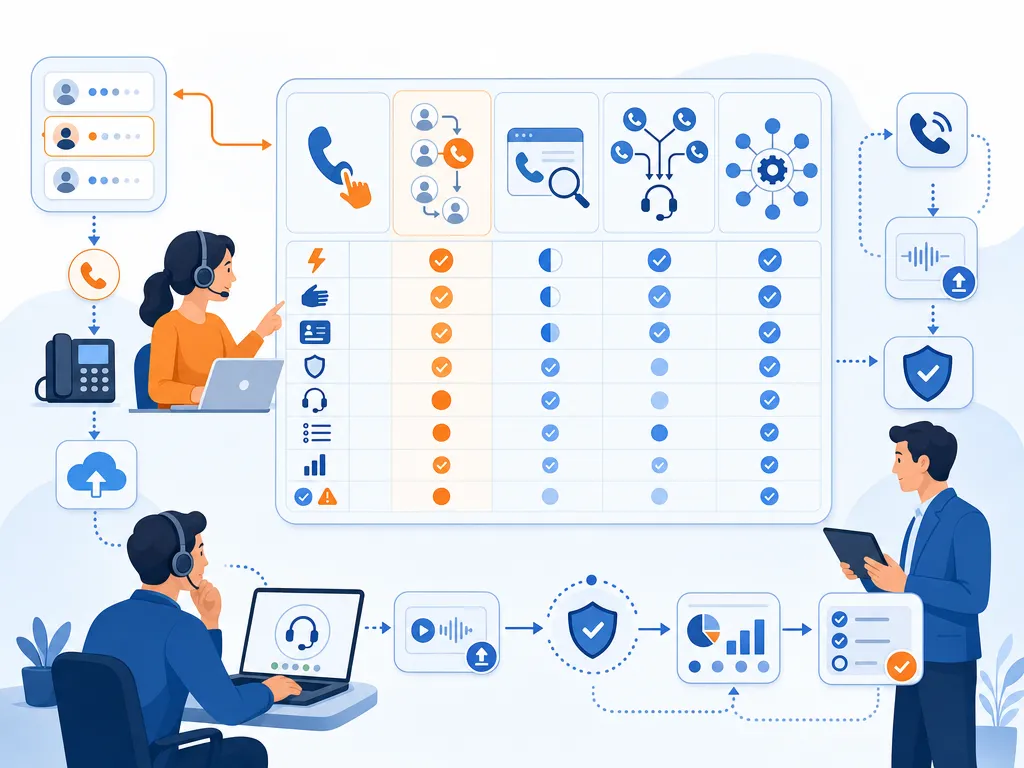 Power dialer compared with other dialing modes show an unlabeled evaluation checklist or decision matrix using icons and simple shapes only