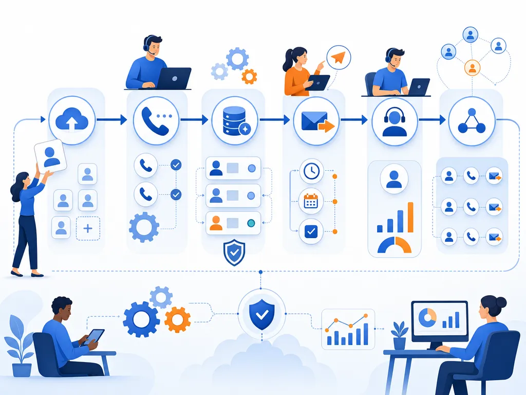Power dialer benefits for sales teams show an abstract icon-only automation flow with arrows, gears, shields, cloud/upload symbols, and peop