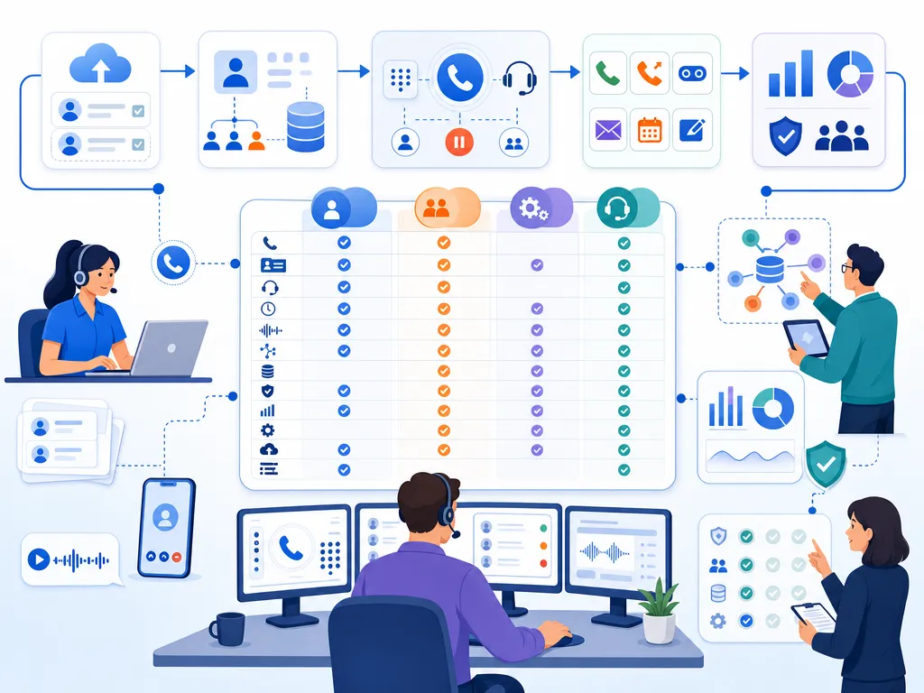 How to choose power dialer software show an unlabeled evaluation checklist or decision matrix using icons and simple shapes only illustratio