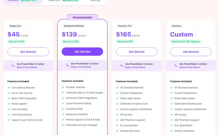 PowerDialer.ai pricing page showing published plan cards in July 2026
