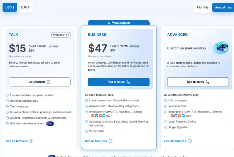 Ringover pricing page showing published phone plan cards in July 2026
