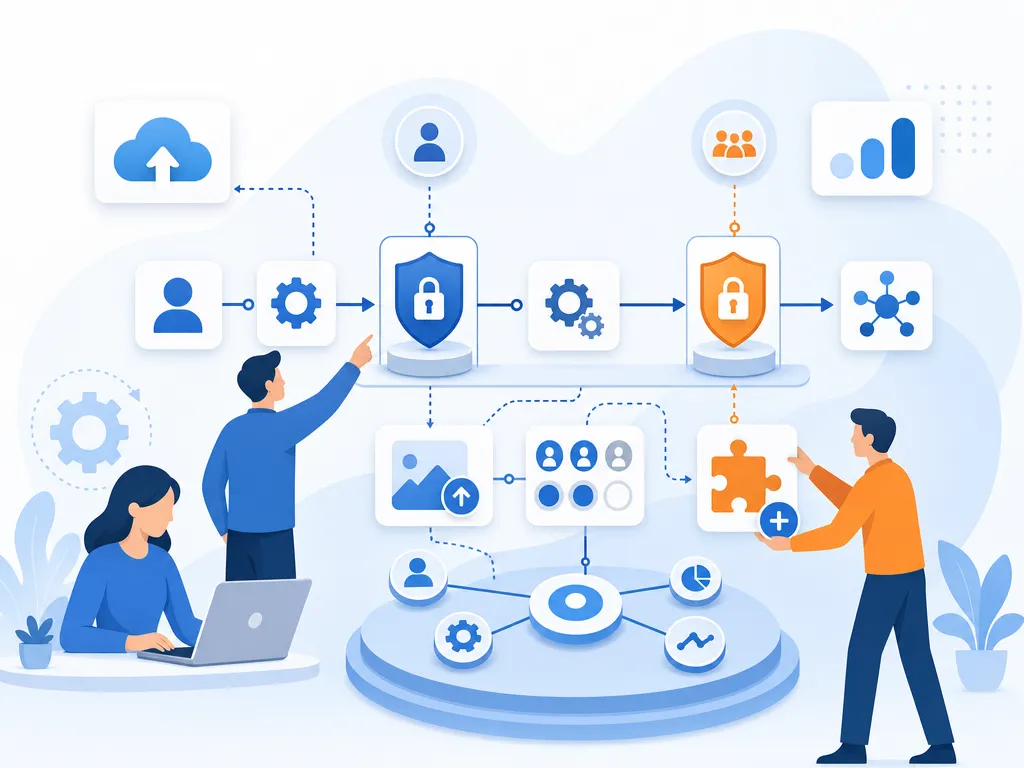 What is a HubSpot paywall show an abstract icon-only automation flow with arrows, gears, shields, cloud/upload symbols, and people; no docum