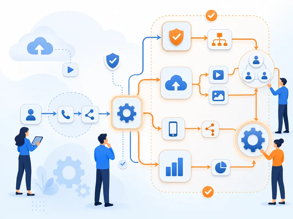 Why HubSpot upgrades can feel expensive show an abstract icon-only automation flow with arrows, gears, shields, cloud/upload symbols, and pe