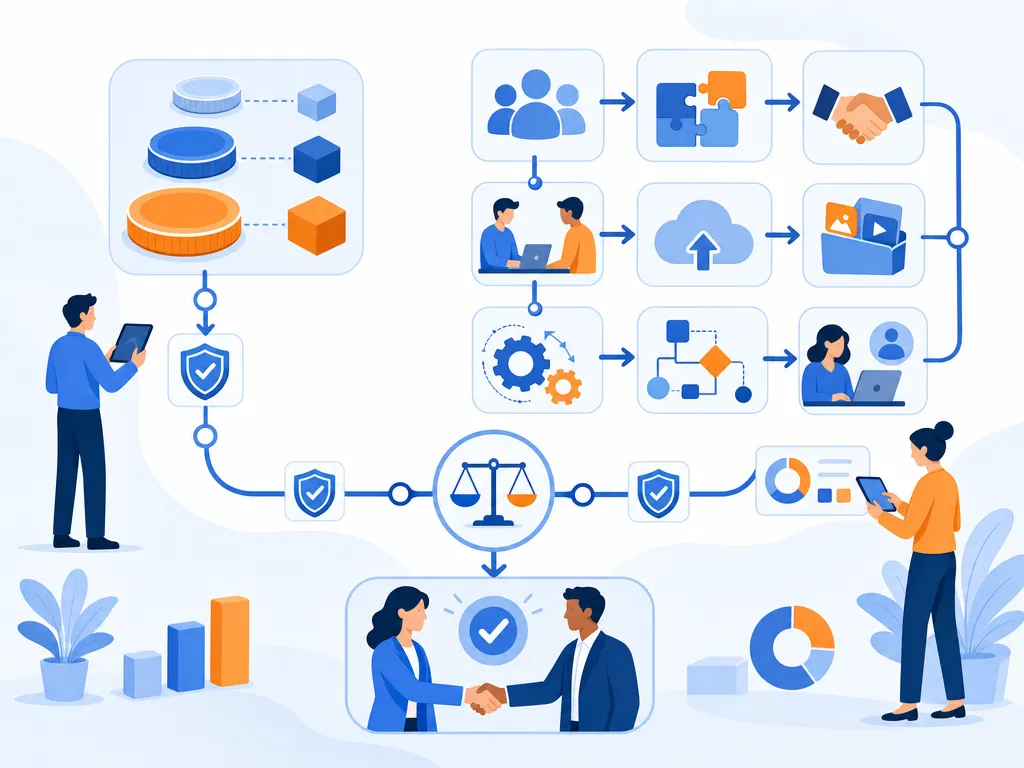 HubSpot list price vs contract price show an abstract icon-only automation flow with arrows, gears, shields, cloud/upload symbols, and peopl