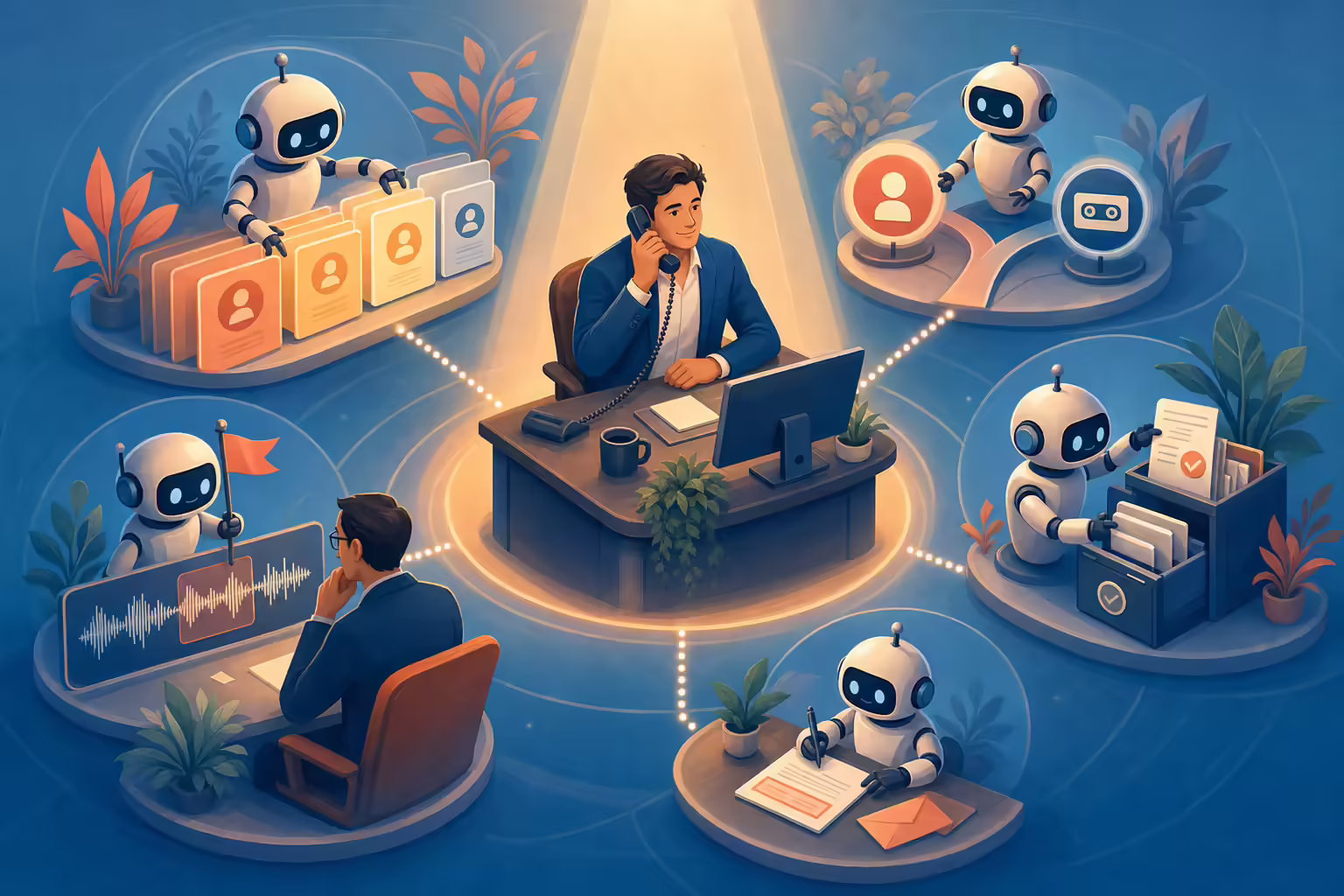 A rep on a live call at the center while small AI helpers handle prioritization, answer detection, logging, drafting, and review flags around them