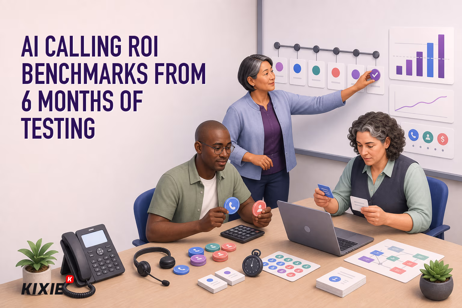 Kixie branded header illustration for AI Calling ROI Benchmarks From 6 Months of Testing