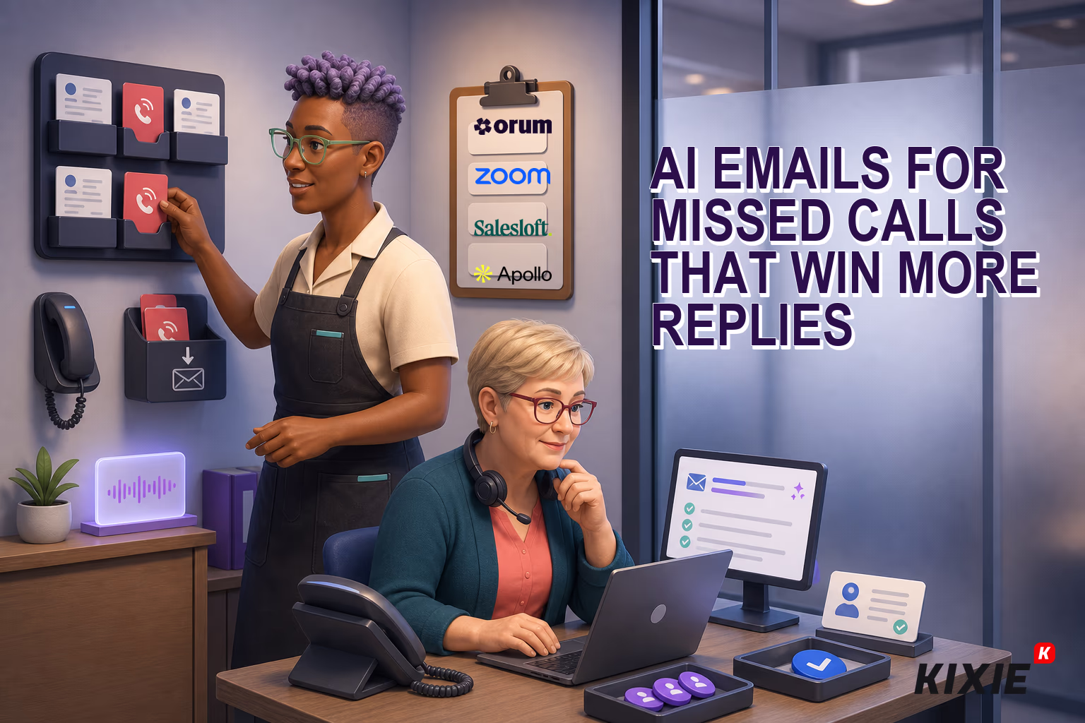 Kixie branded header illustration for AI Emails for Missed Calls That Win More Replies