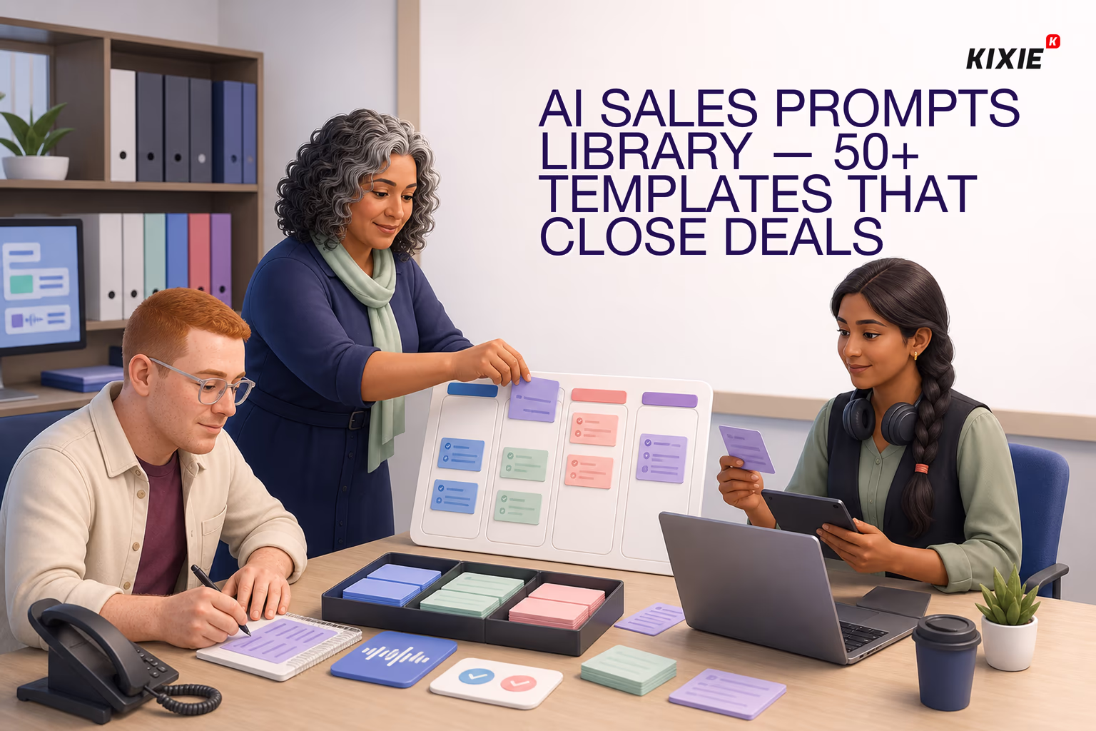 Kixie branded header illustration for AI Sales Prompts Library — 50+ Templates That Close Deals