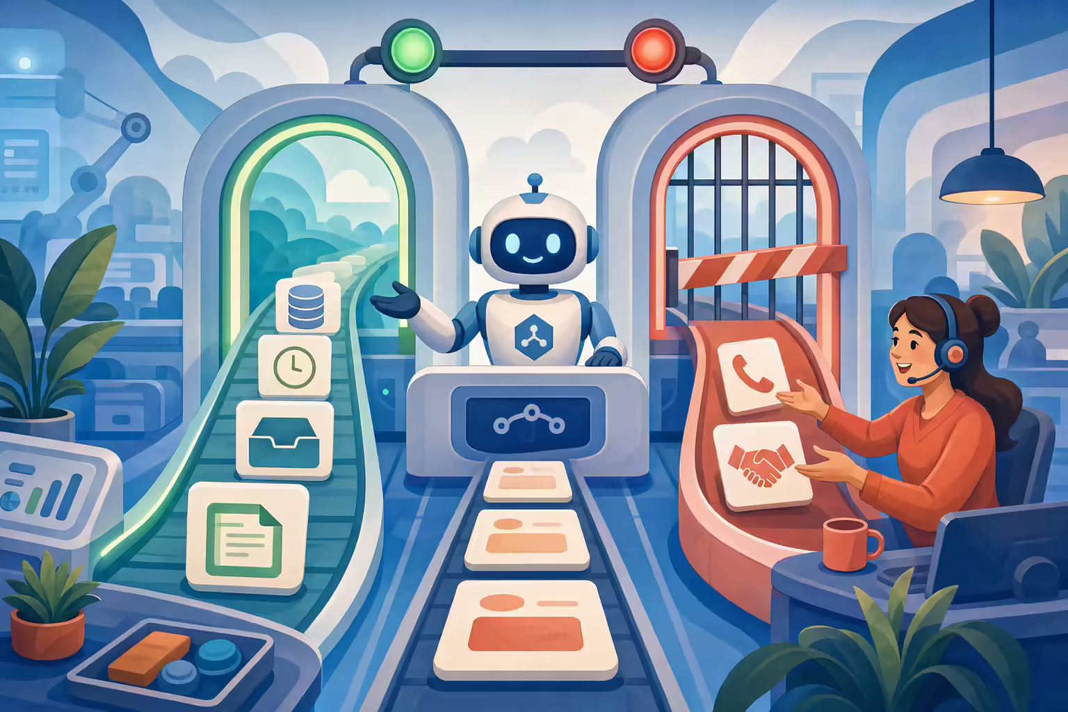 A gatekeeper robot routing admin tasks through a green arch to automation while conversation tasks pass to a human rep behind a barred red arch