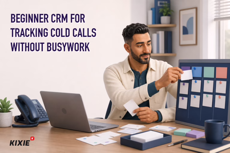Kixie branded header illustration for Beginner CRM for Tracking Cold Calls Without Busywork