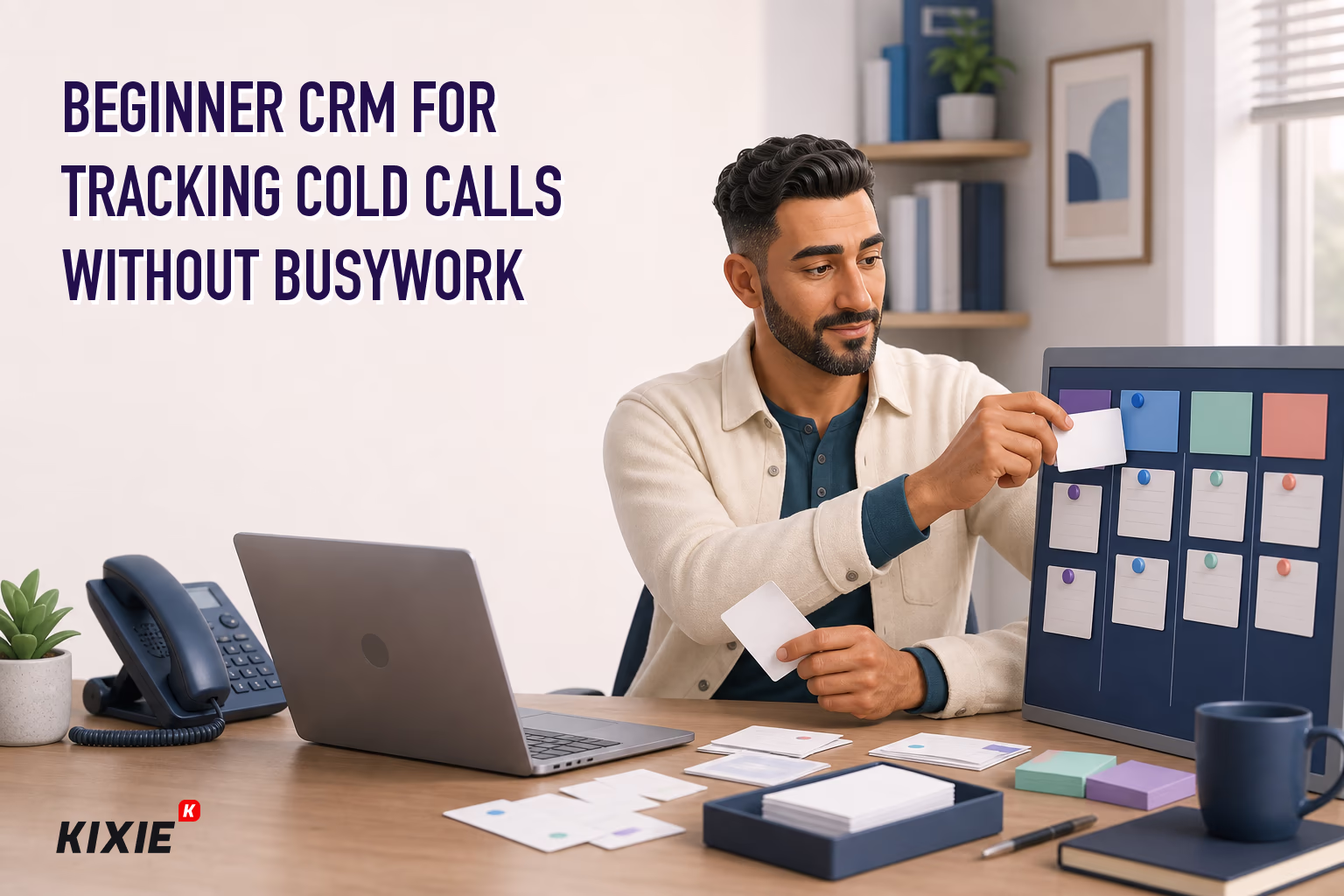 Kixie branded header illustration for Beginner CRM for Tracking Cold Calls Without Busywork
