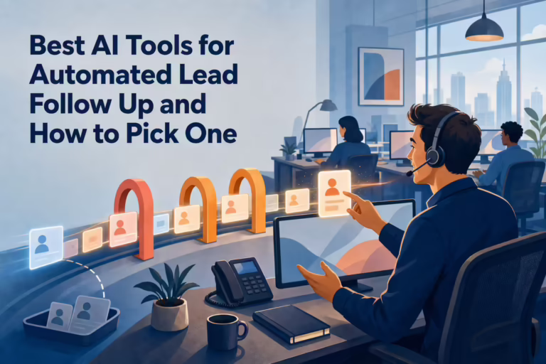 Best AI Tools for Automated Lead Follow Up and How to Pick One, with lead cards moving through gates on a sales floor