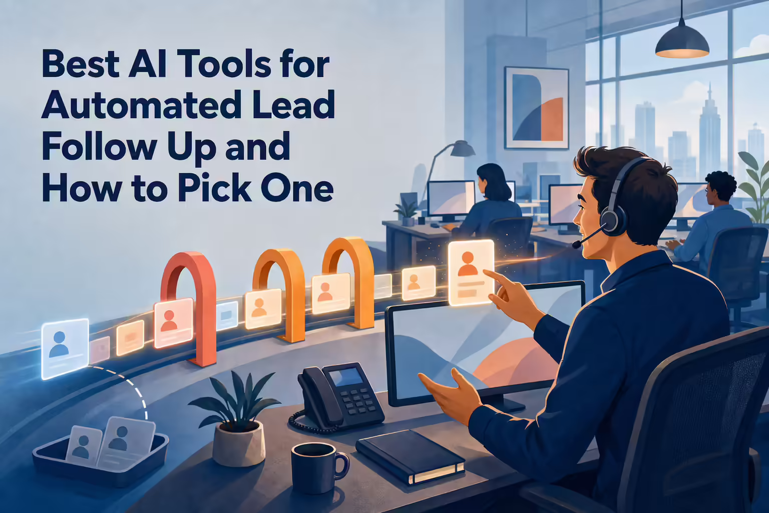 Best AI Tools for Automated Lead Follow Up and How to Pick One, with lead cards moving through gates on a sales floor