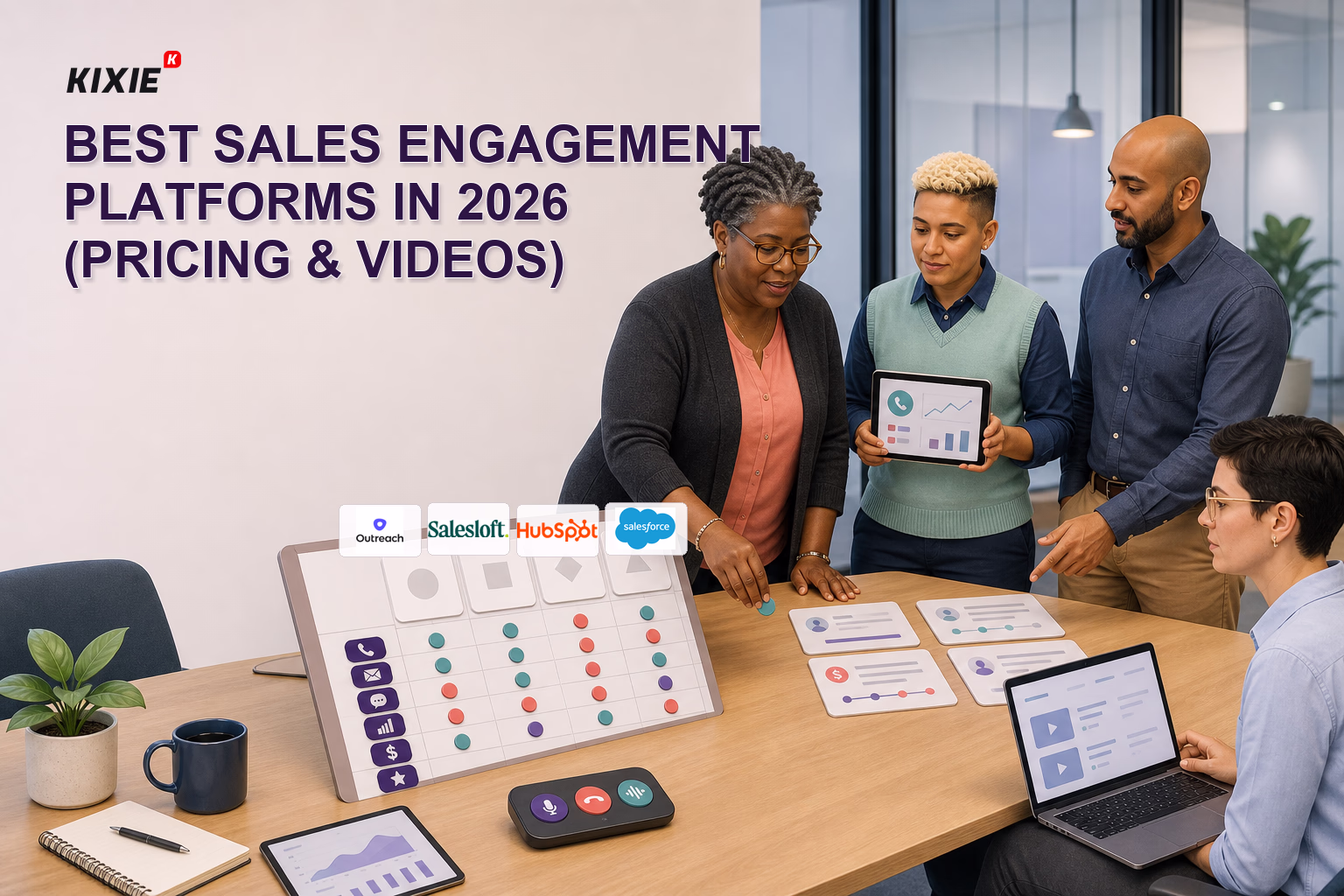 Kixie branded header illustration for Best Sales Engagement Platforms in 2026 (Pricing & Videos)