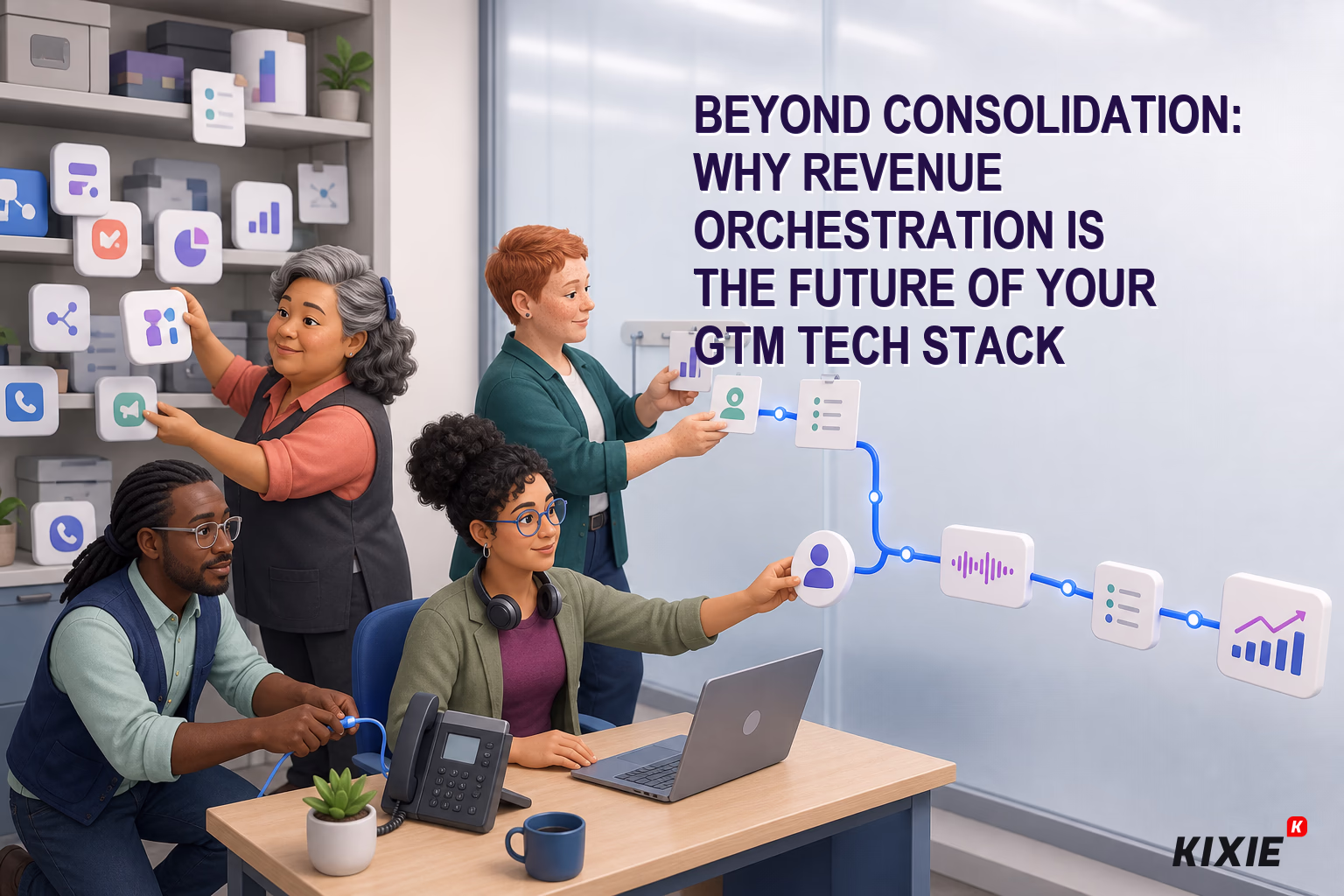 Kixie branded header illustration for Beyond Consolidation: Why Revenue Orchestration is the Future of Your GTM Tech Stack