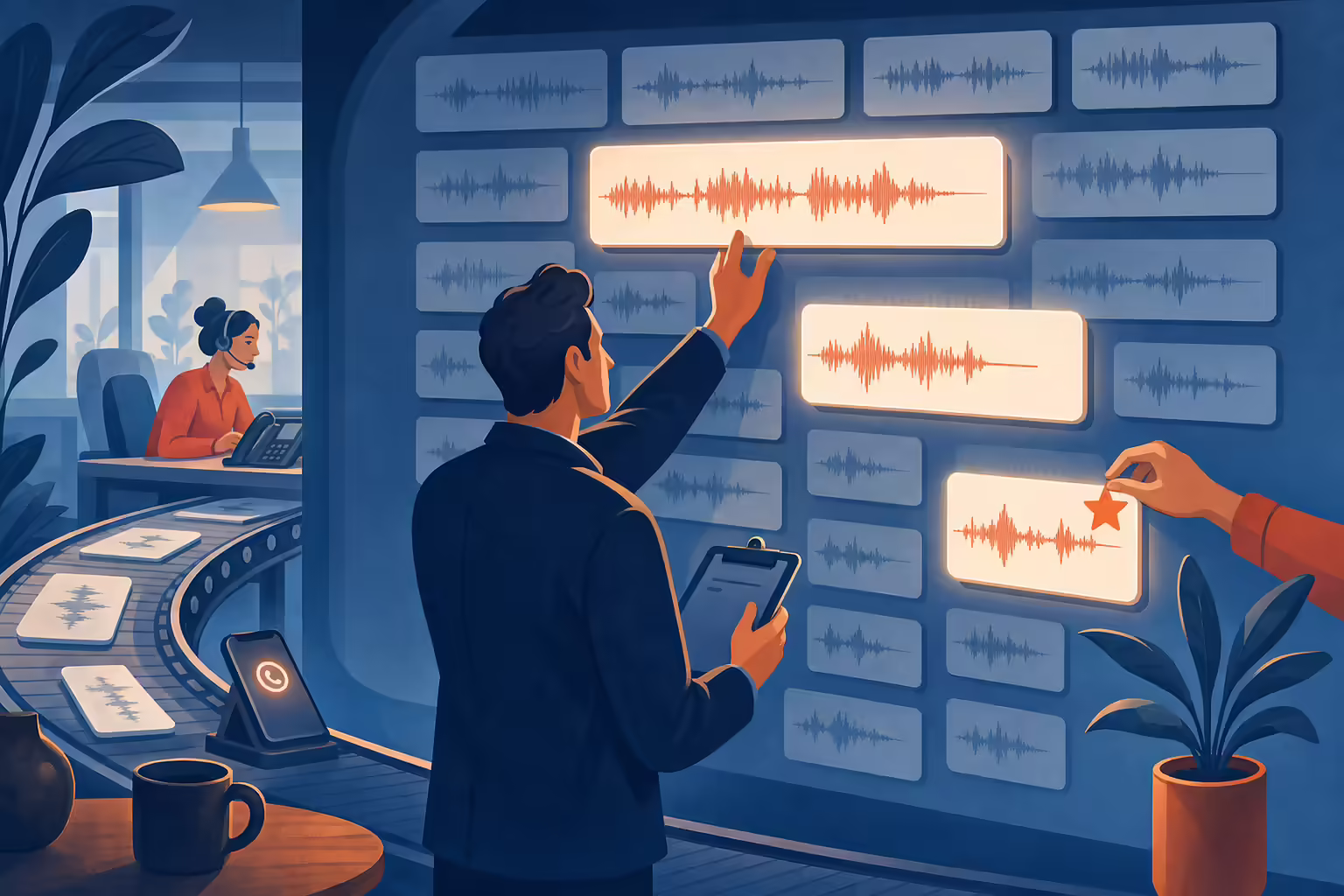 A manager selecting three highlighted recordings from a wall of call cards: the longest, one cut short, and one starred by the rep