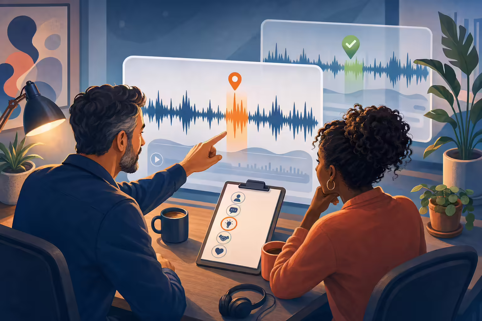 A coach and rep reviewing one highlighted moment on a call waveform, with a single circled item on the checklist and last week's improvement marked behind them