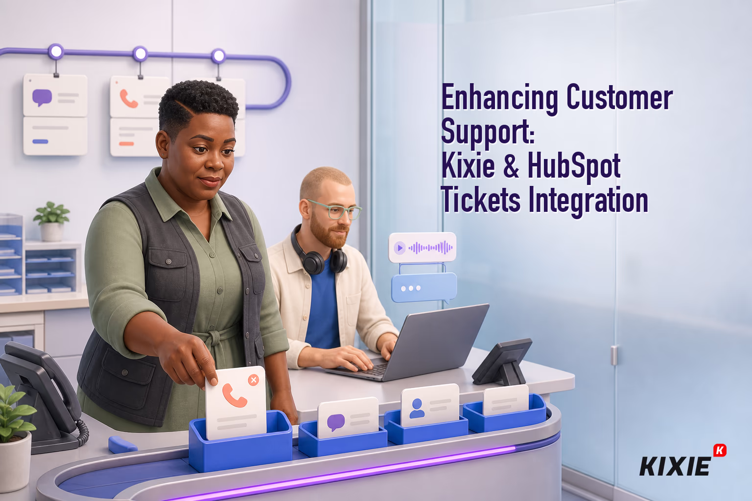 Kixie branded header illustration for Enhancing Customer Support: Kixie & HubSpot Tickets Integration