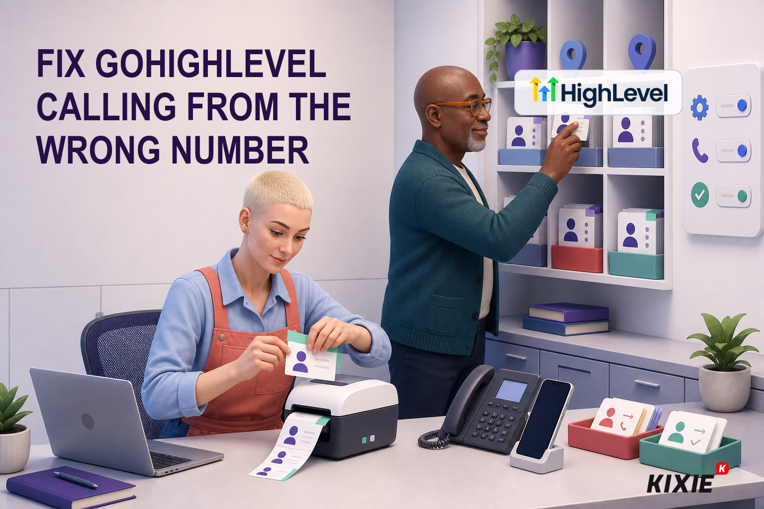 Kixie branded header illustration for Fix GoHighLevel Calling From the Wrong Number