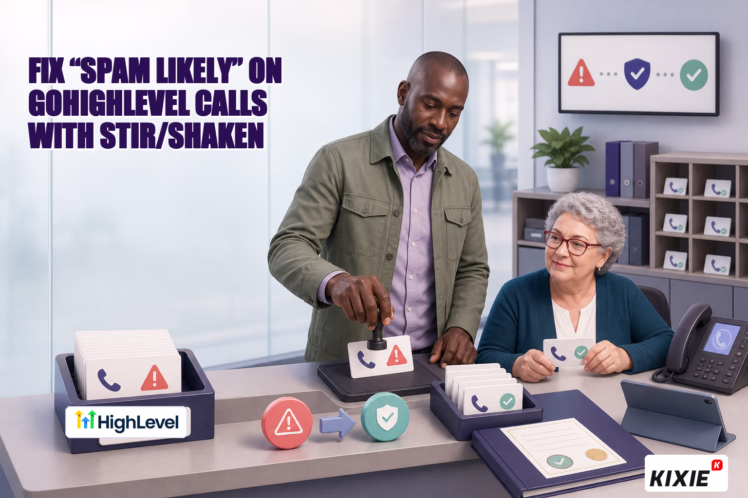 Kixie branded header illustration for Fix “Spam Likely” on GoHighLevel Calls with STIR/SHAKEN