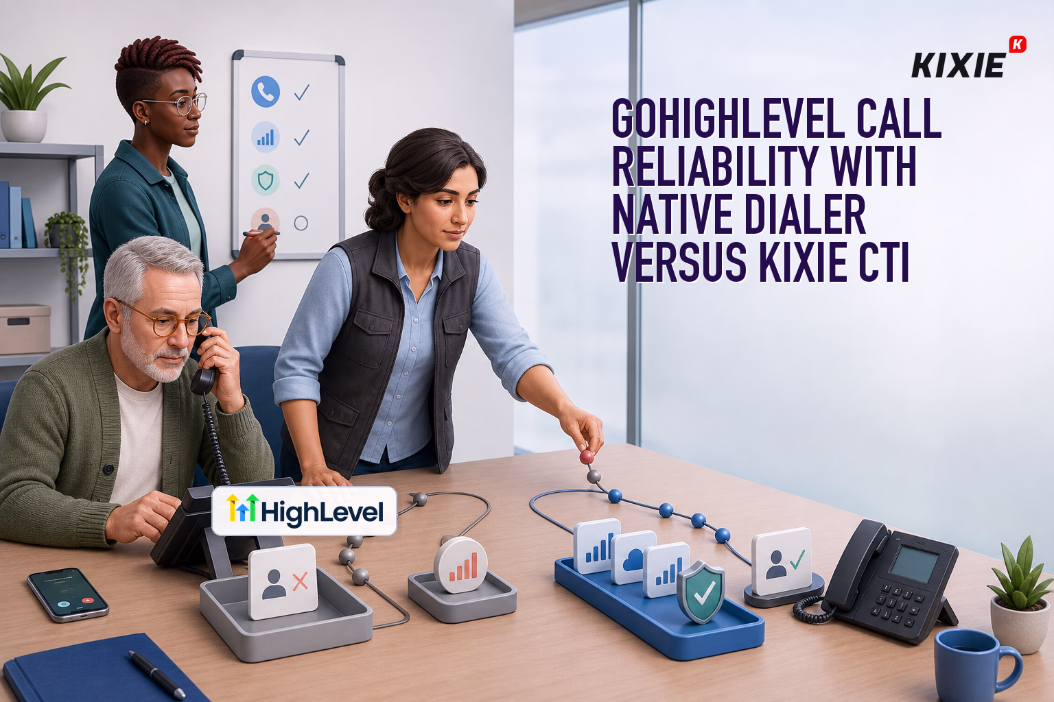 Kixie blog header for GoHighLevel Call Reliability with Native Dialer Versus Kixie CTI