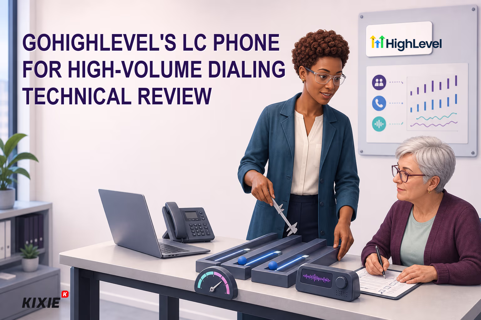 Kixie branded header illustration for GoHighLevel's LC Phone for High-Volume Dialing Technical Review