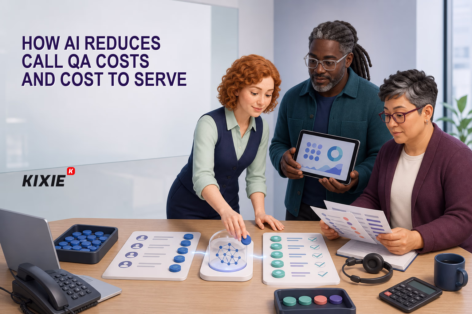 Kixie branded header illustration for How AI Reduces Call QA Costs and Cost to Serve