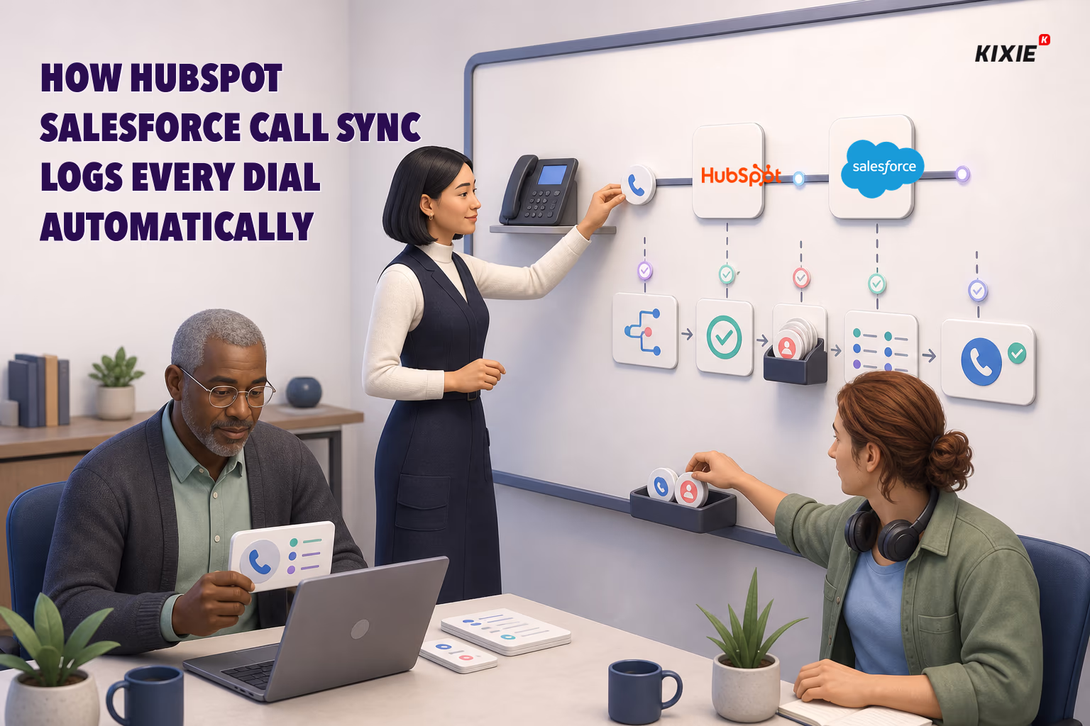 Kixie branded header illustration for How HubSpot Salesforce Call Sync Logs Every Dial Automatically
