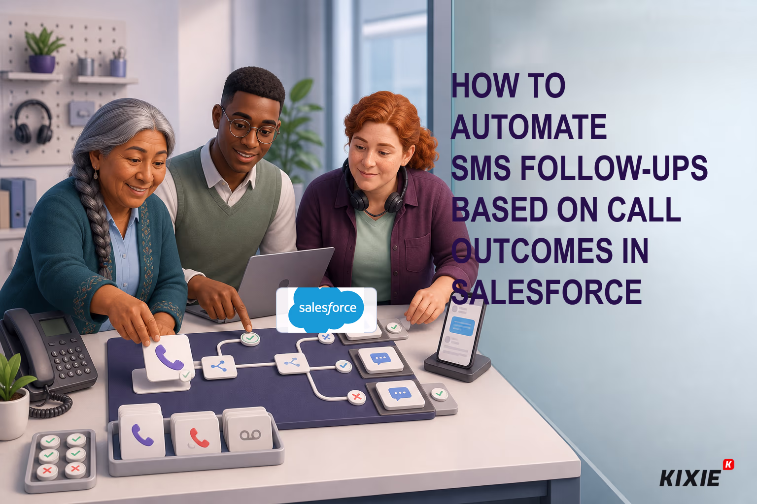 Kixie branded header illustration for How to Automate SMS Follow-ups Based on Call Outcomes in Salesforce