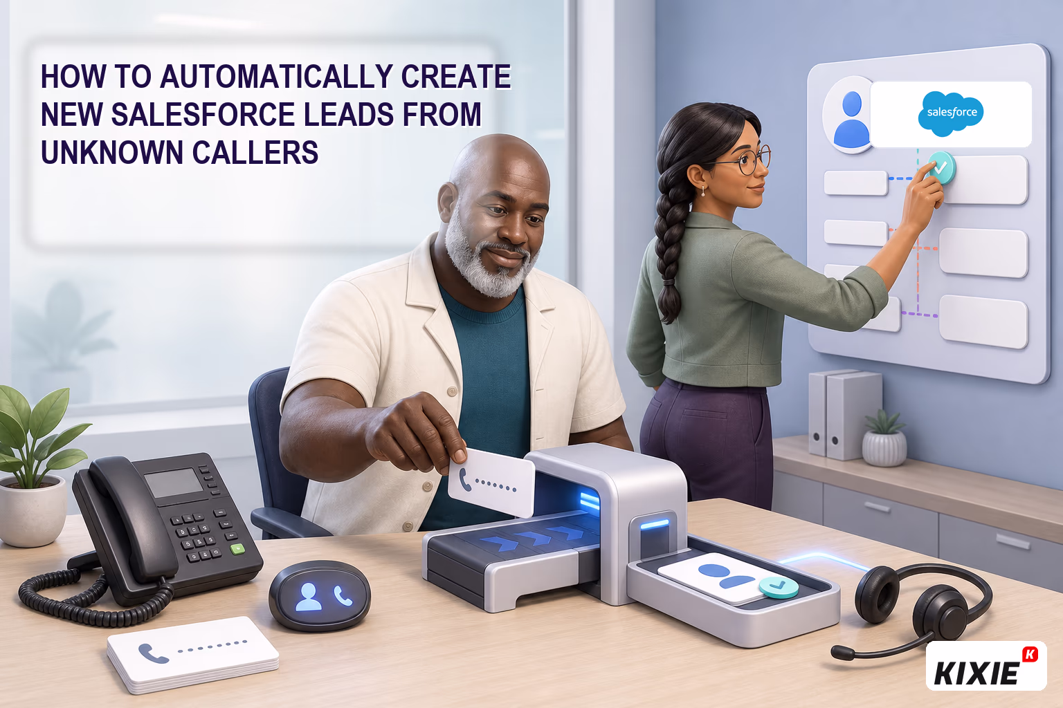 Branded Kixie illustration for How to Automatically Create New Salesforce Leads from Unknown Callers