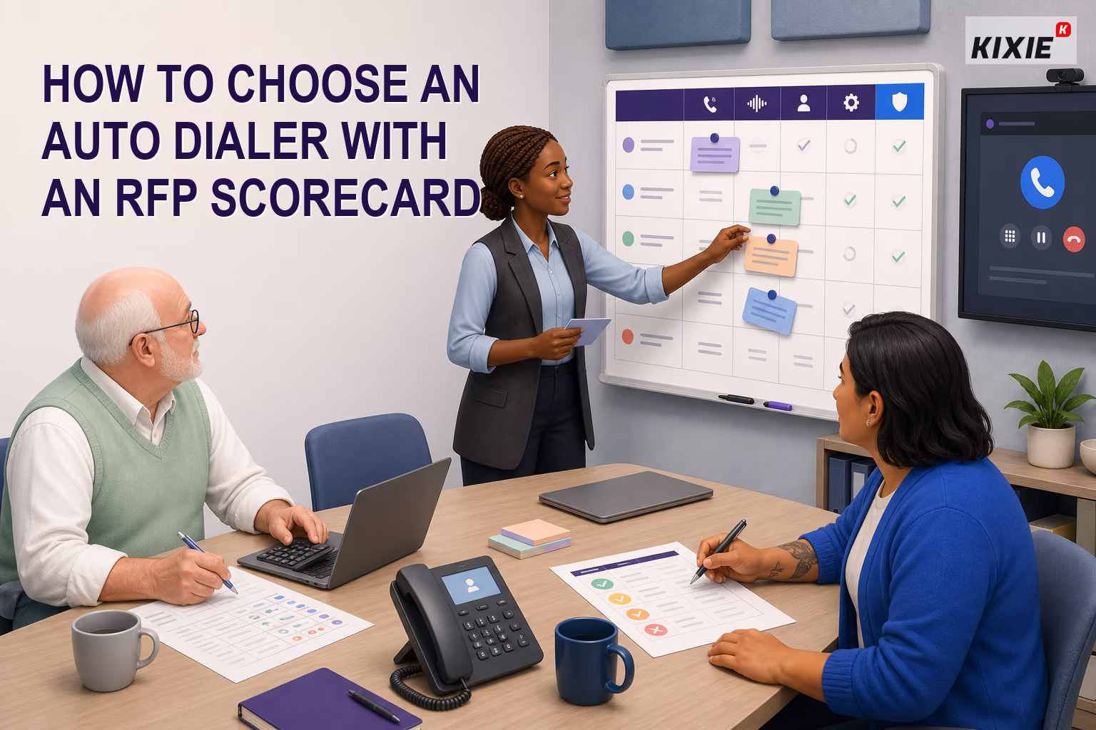 Kixie branded header illustration for How to Choose an Auto Dialer With an RFP Scorecard