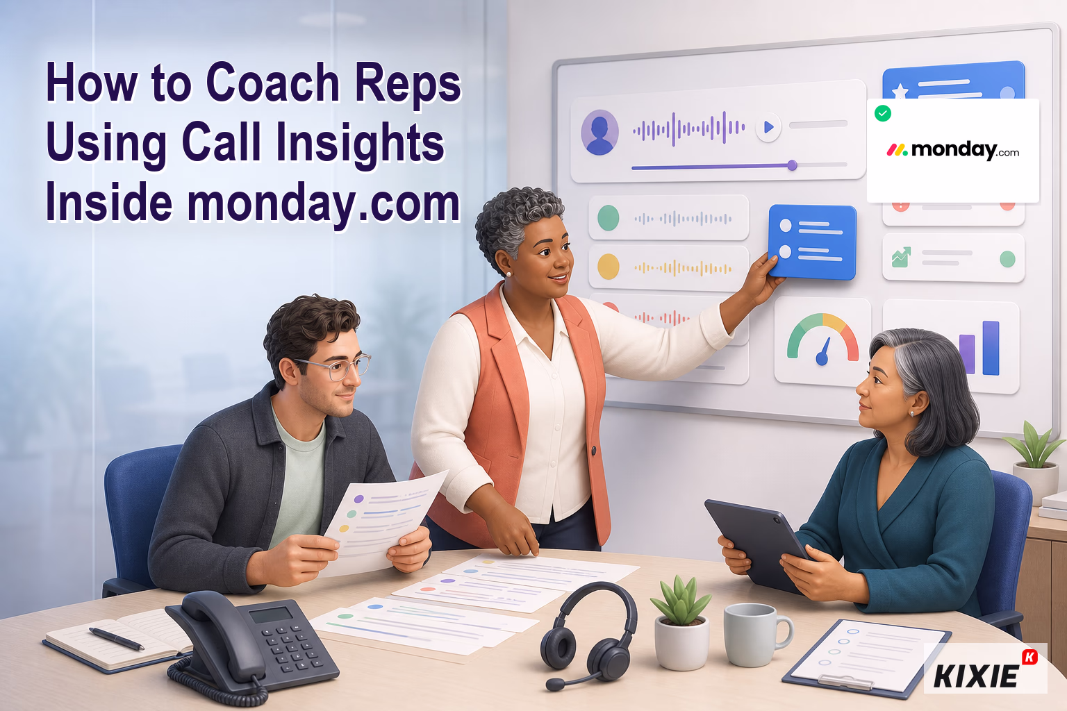 Kixie branded header illustration for How to Coach Reps Using Call Insights Inside monday.com