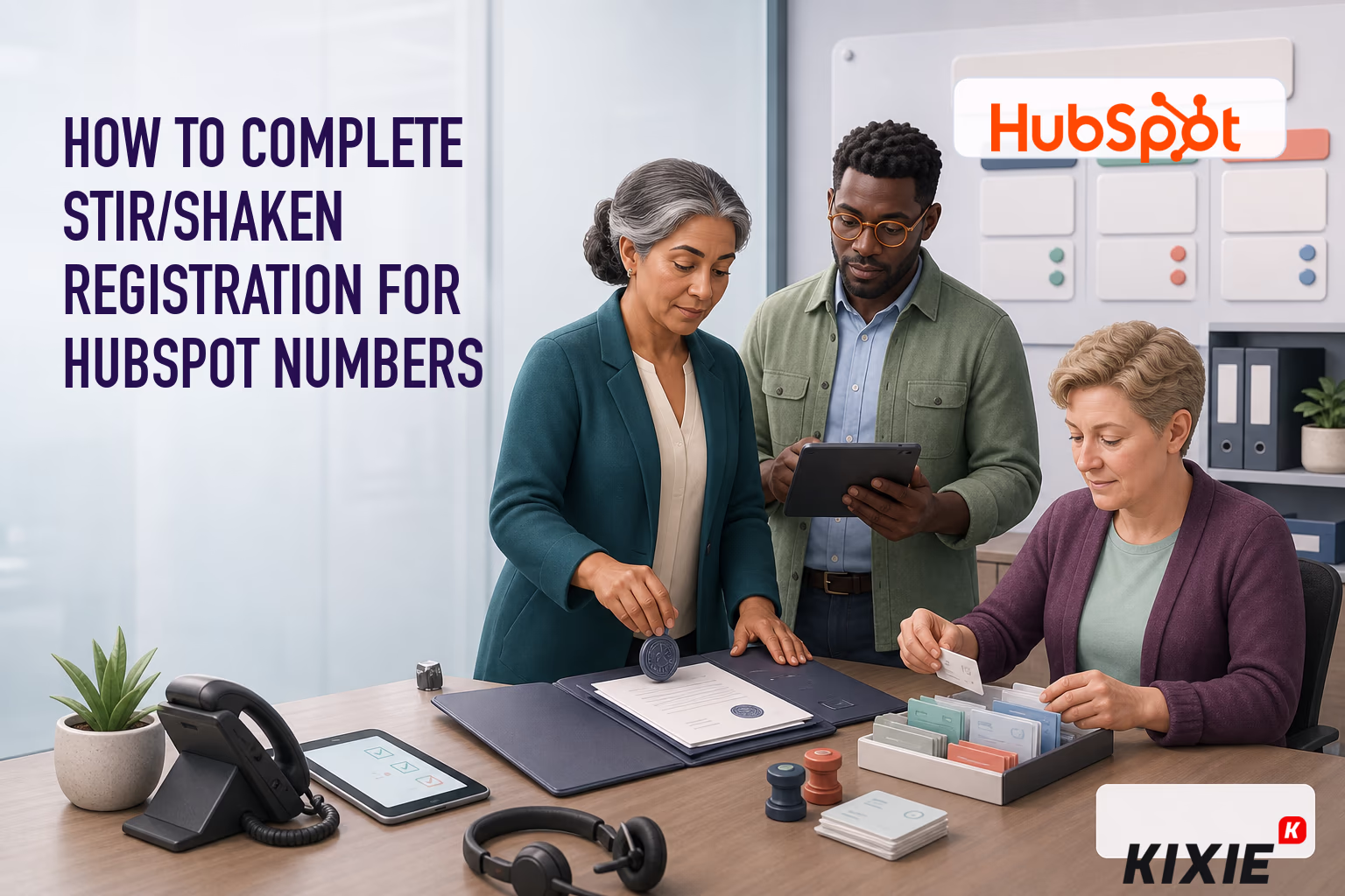 Kixie branded header illustration for How to Complete STIR/SHAKEN Registration for HubSpot Numbers