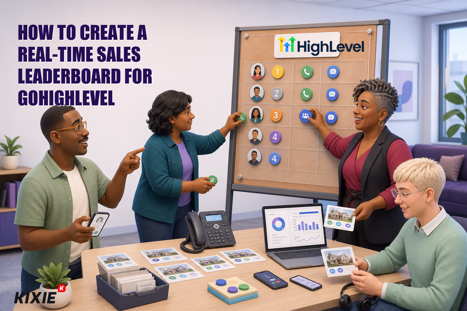 Kixie branded header illustration for How to Create a Real-Time Sales Leaderboard for GoHighLevel