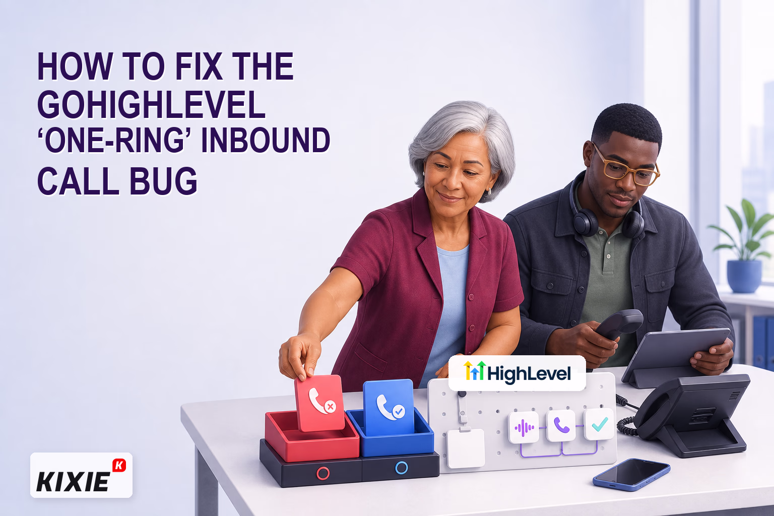 Kixie branded header illustration for How to Fix the GoHighLevel ‘One-Ring’ Inbound Call Bug