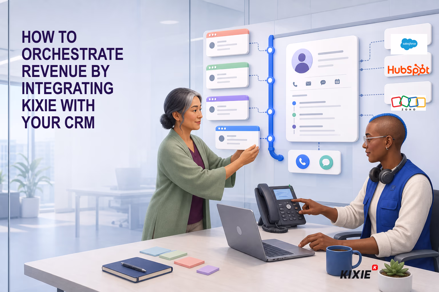 Kixie branded header illustration for How to Orchestrate Revenue by Integrating Kixie with Your CRM