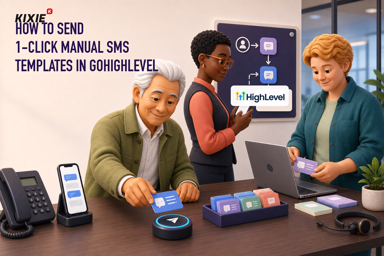 Kixie branded header illustration for How to Send 1-Click Manual SMS Templates in GoHighLevel